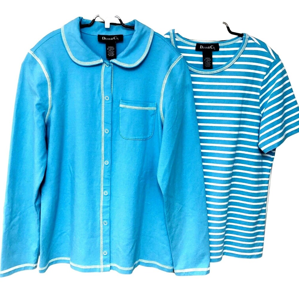 Denim & Co Striped T-shirt Snap Jacket Set 2‎ PC Blue Casual Activewear Womens S
